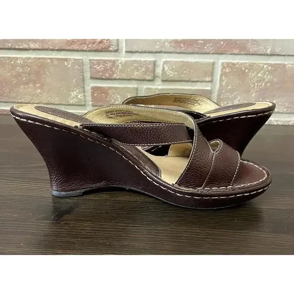 Born Sandals BrownLeather Open Toe Criss Cross Straps Platform Wedge Size 9 - Picture 7 of 9